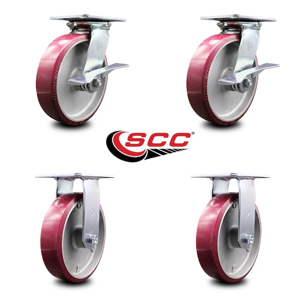 8 Inch Poly on Aluminum Caster Set with Roller Bearing 2 Brakes and 2 Rigid SCC